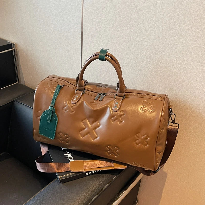 Sac weekend femme chocolat en PU cuir Marron-Beige-Noir-ShopGET®