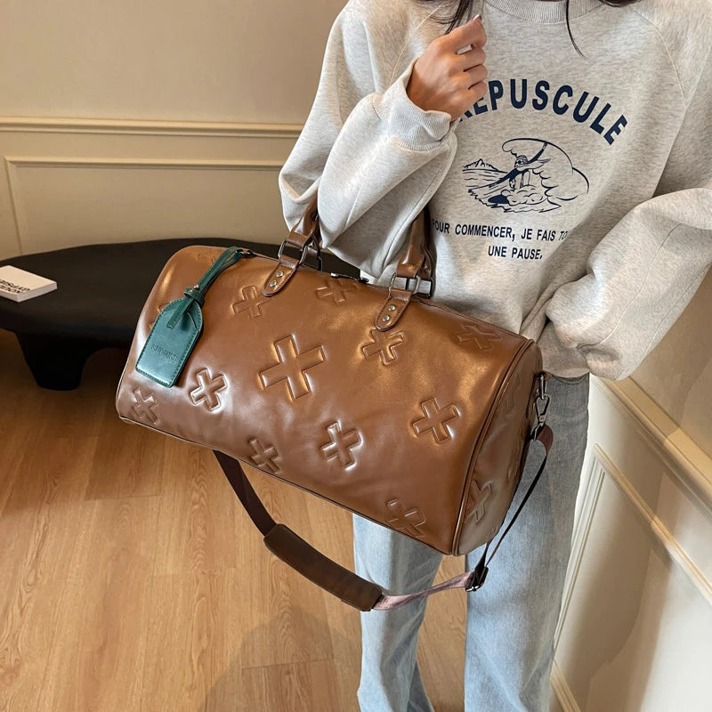 Sac weekend femme chocolat en PU cuir Marron-Beige-Noir-ShopGET®