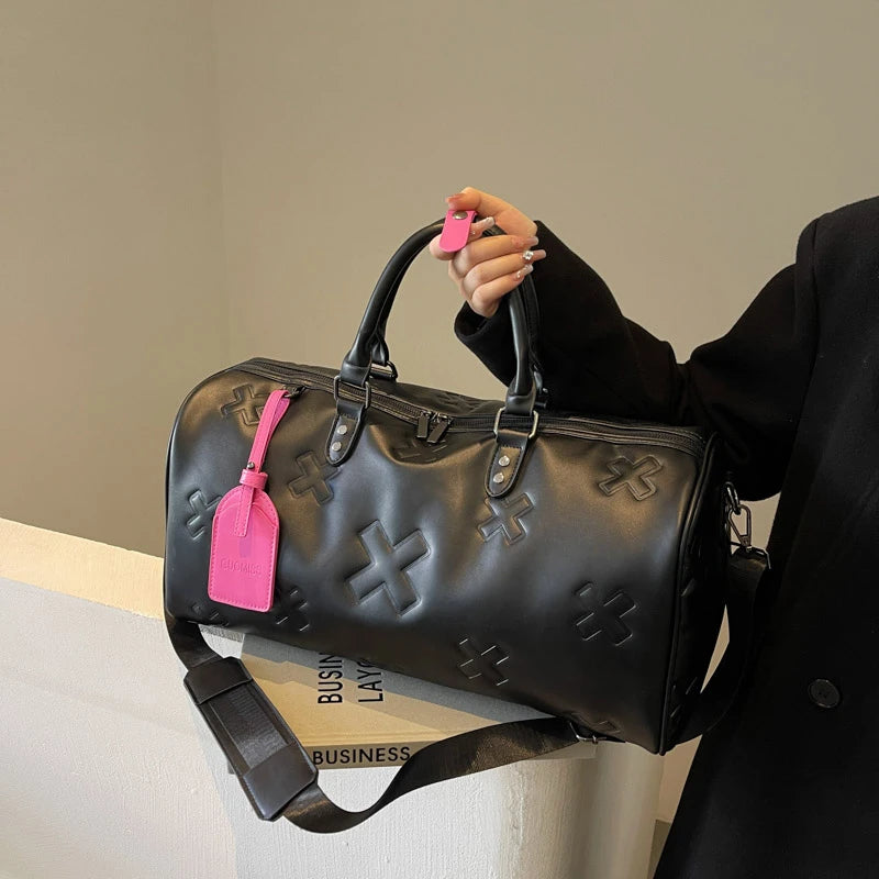 Sac weekend femme chocolat en PU cuir Marron-Beige-Noir-ShopGET®