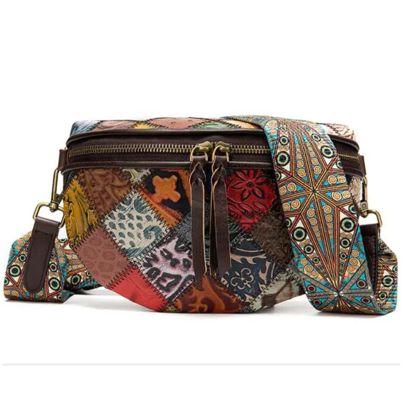 Sac banane en cuir bohémien à décor géométrique