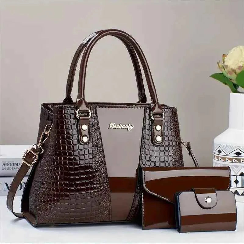 Sac cabas femme faux cuir 3 pièces Noir-Or-Rose-Rouge-Marron-Kaki-ShopGET® 