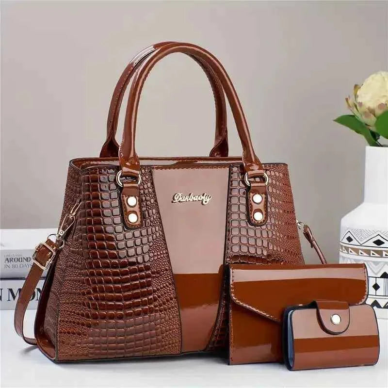 Sac cabas femme faux cuir 3 pièces Noir-Or-Rose-Rouge-Marron-Kaki-ShopGET® 