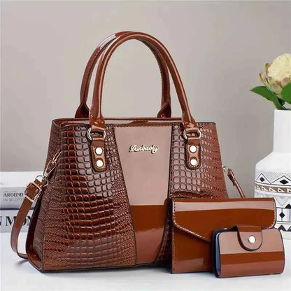 Sac cabas femme faux cuir 3 pièces Noir-Or-Rose-Rouge-Marron-Kaki-ShopGET® 