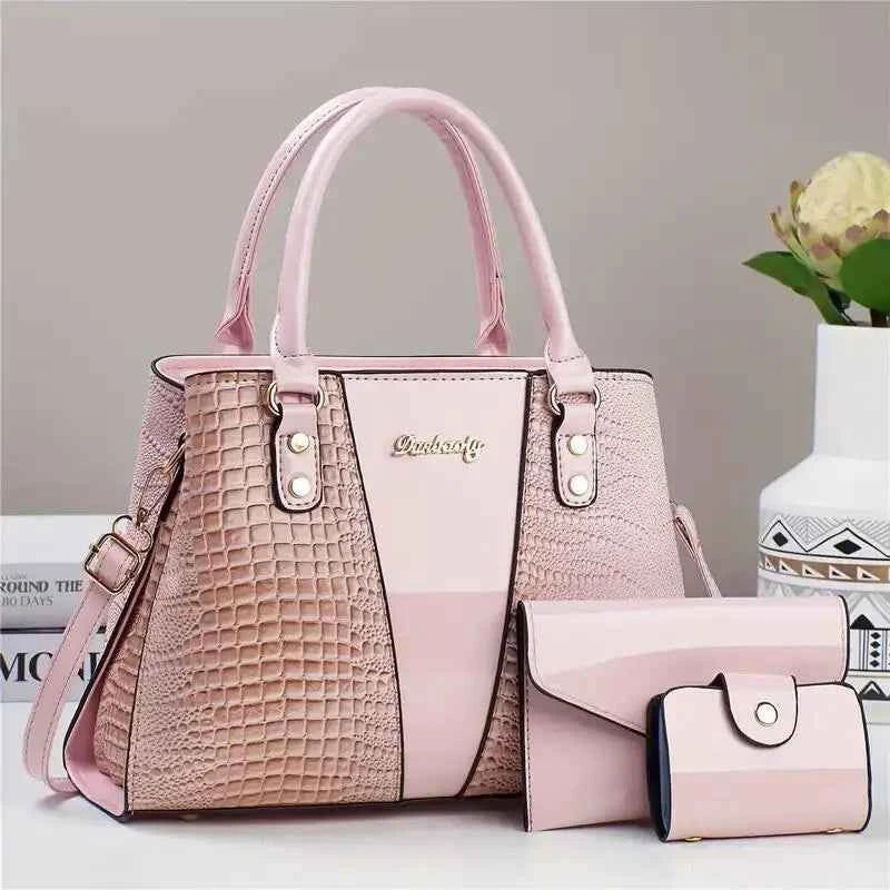 Sac cabas femme faux cuir 3 pièces Noir-Or-Rose-Rouge-Marron-Kaki-ShopGET® 